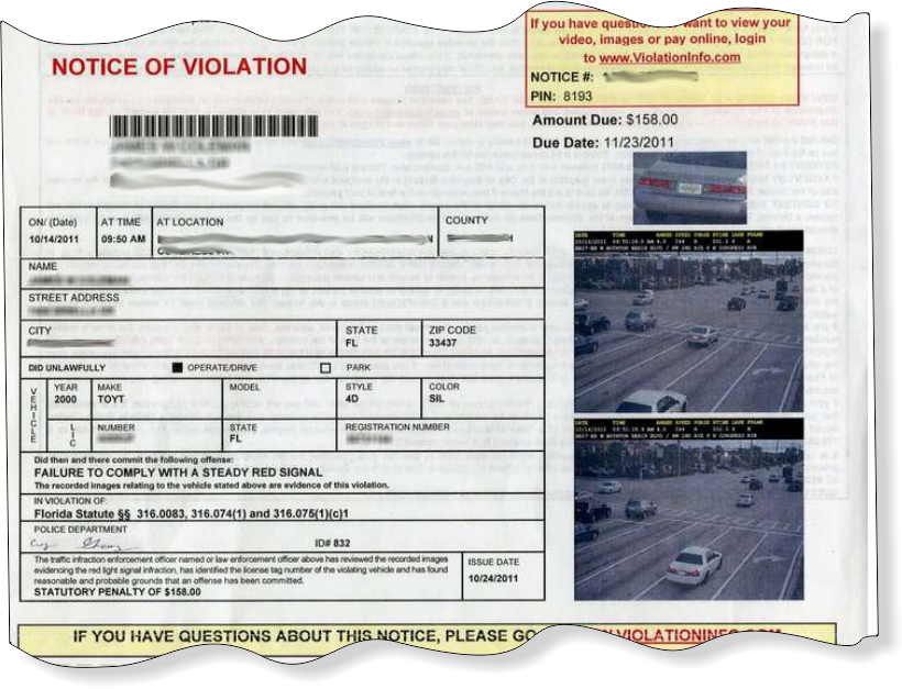IMAGE Red Light Camera Ticket Notice of Violation Sample